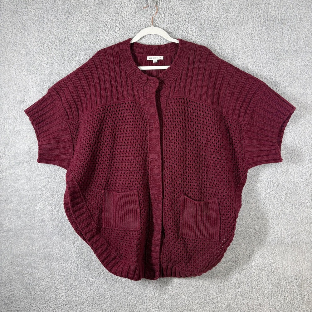 See by Chloe‎ Burgundy Wool Blend Crochet Knit Cocoon Cardigan Sweater Size M